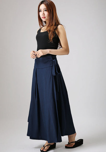Blue Linen Wrap Skirt - Pleated Waist Tie Belt Ankle Length 874