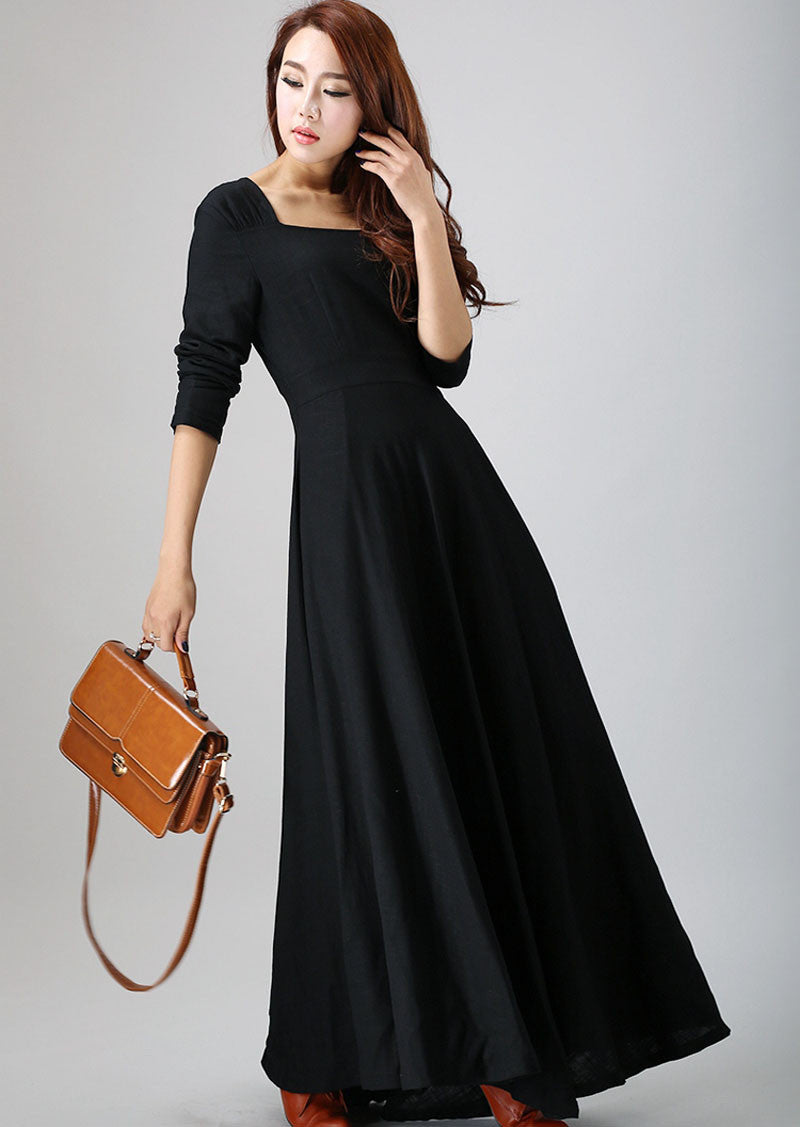 long sleeve Maxi Black Linen Dress -LBD 793# – XiaoLizi