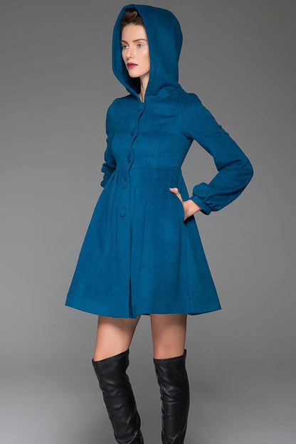 Handmade Wool Swing Coat – Blue Hooded Fit & Flare Winter Jacket | Xiaolizi 1419