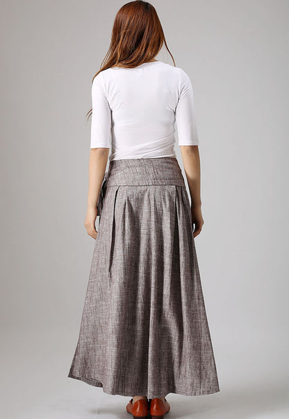 Gray Linen Cotton Wrap Maxi Skirt - Pleated Waist Tie Belt 872