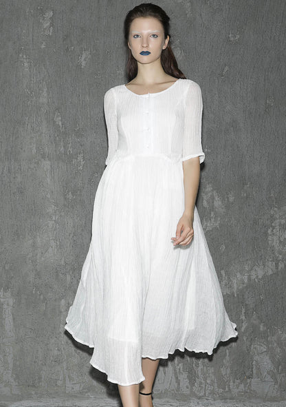 White Linen Maxi Dress - Round Collar Elbow Sleeve 1310