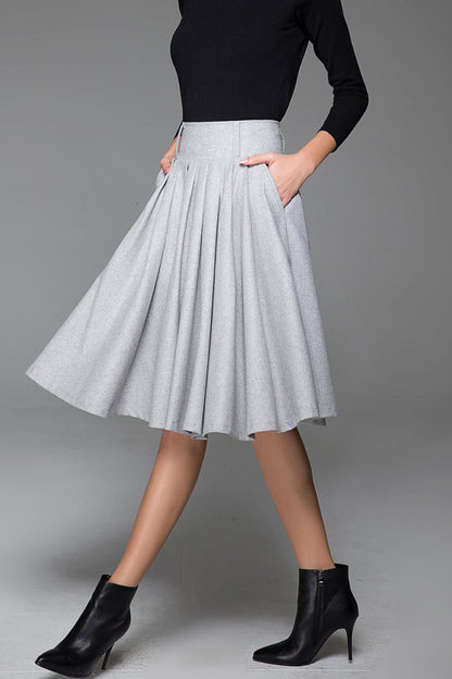 Grey Wool Midi Skirt - Pleated Flowy Silhouette with Pockets 1434