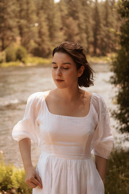 White Linen Midi Dress - Vintage Fit and Flare with Scoop Neck 2740