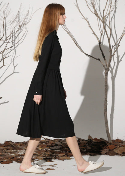 Black Linen Midi Shirt Dress - Pleated Front, Regular Fit 1163