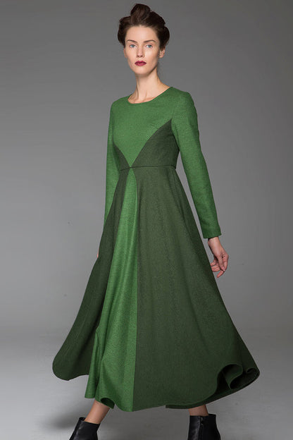 Green Wool Maxi Dress - Dark Green Stitching, Long Sleeves 1443