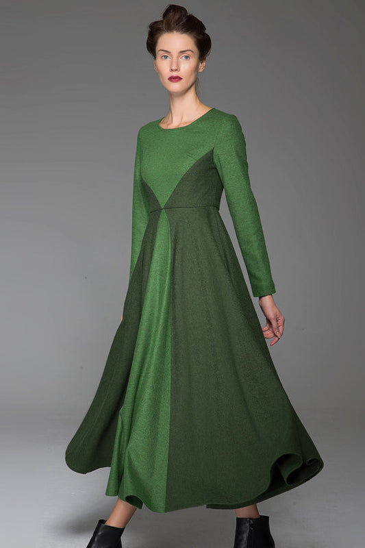 Green Wool Dress Winter Maxi Dress Dark Green Stitching Dress Long Sleeves Dress(1443)