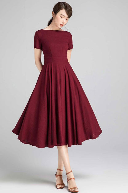 Minimalist Linen Blend Midi Dress – Elegant Fit and Flare Summer Dress  971