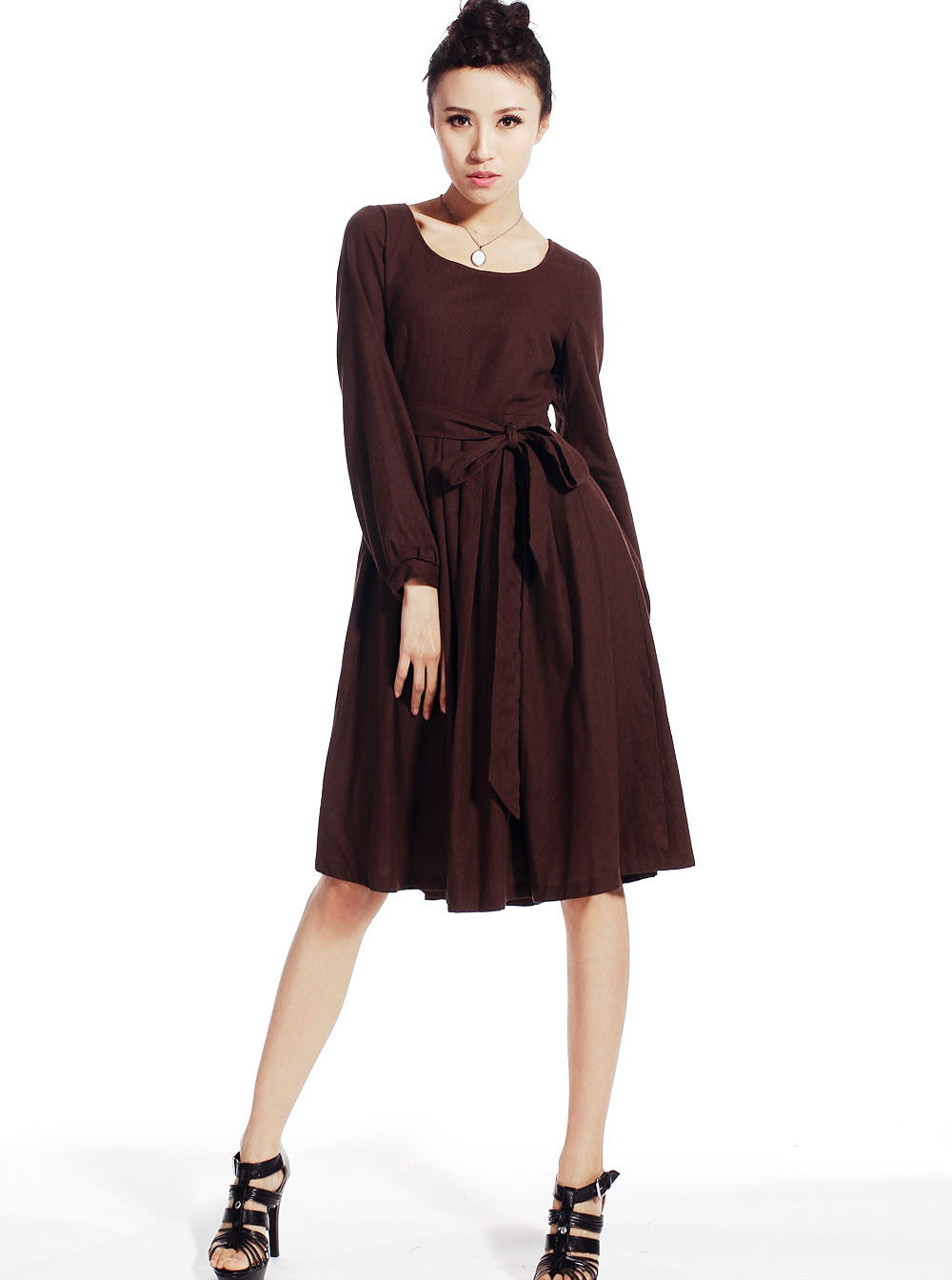 Brown linen midi dress (514)