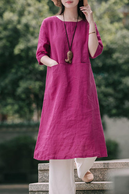 Magenta Linen Midi Dress - Crew Neck with Mid Sleeves CYM377