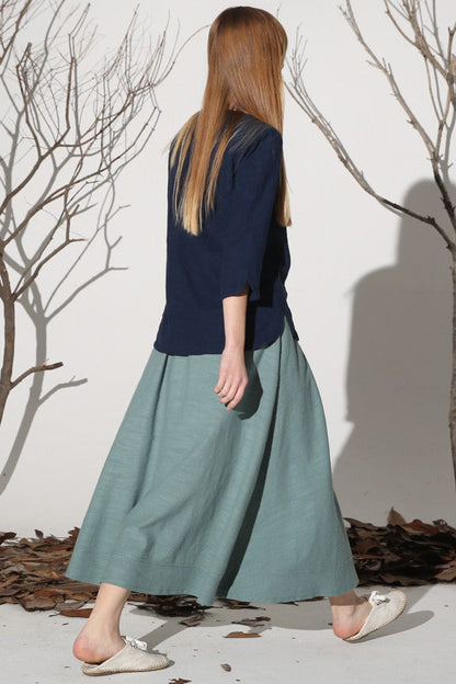 Light Green Linen Skirt – Elastic Waist Maxi Skirt with Front Buttons | Xiaolizi 1161