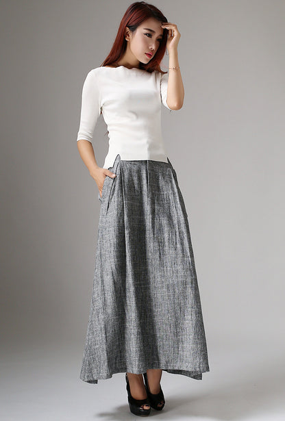 Gray Linen Maxi Skirt - Pleated Waist with Side Pockets 1039