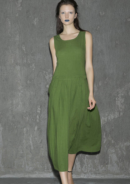 Green Linen Midi Dress - Sleeveless, Pleated Skirt 1317