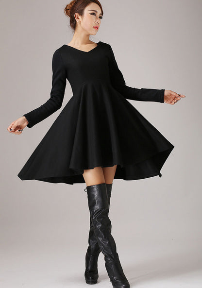 Black Wool Mini Dress - Flared Skirt, V-Neck Long Sleeve 767