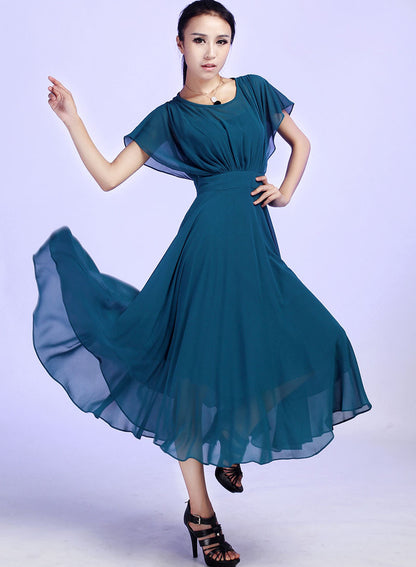 Blue Chiffon Maxi Dress - A-Line Short Sleeve Prom | Xiaolizi 613