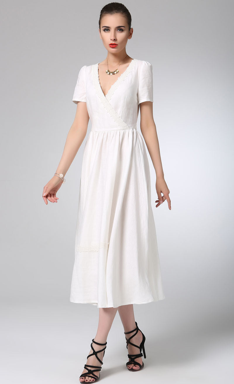 White linen dress prom dress maxi bridesmaid dress (1215)