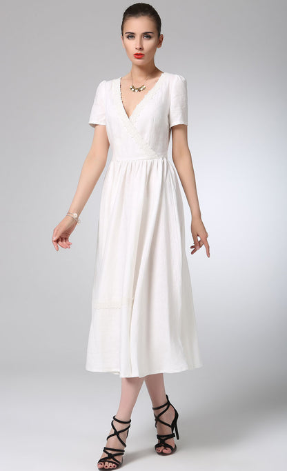 White Linen Maxi Dress - Flower Lace Detail, Adjustable Waist 1215