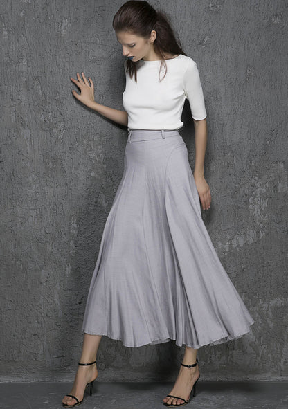 Light Grey Linen Cotton Maxi Skirt - Flowy Ankle Length 1333