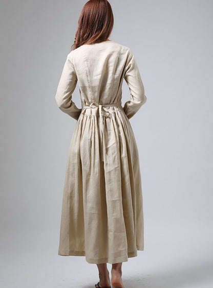 Beige Cotton Linen Maxi Dress - Pleated Front with Adjustable Waist 801