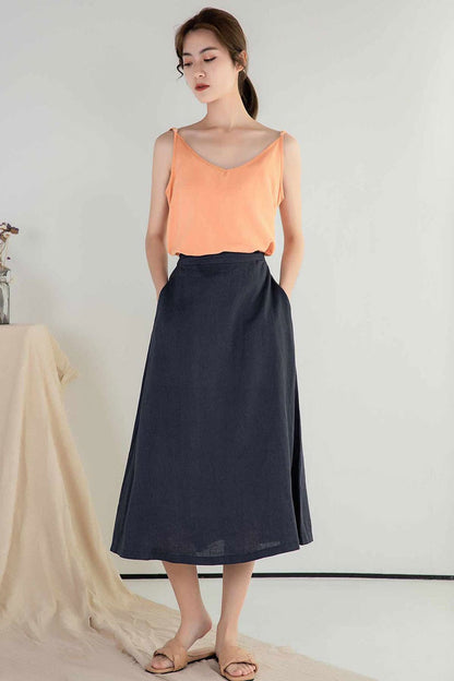 Linen A-Line Midi Skirt - Elastic Waist Two Pockets | Xiaolizi 2396