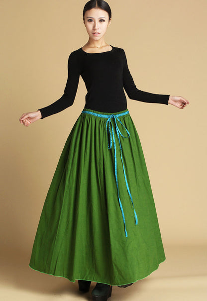 Green Linen Maxi Skirt - Elastic Waist, Flowy Silhouette 464
