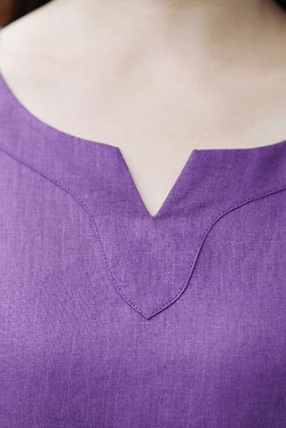 Purple Linen Dress - V-Neck, Mid Sleeves, Relaxed Fit CYM467