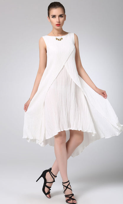White Linen Dress Mini - Asymmetrical Seam Sleeveless 2335730949