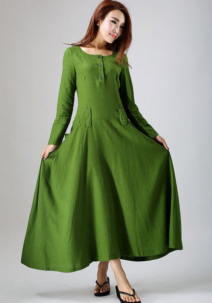 Leaf Green Linen Cotton Blend Maxi Dress - Buttoned Neckline and Pockets 784