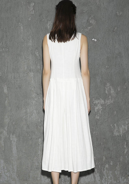 White Linen Maxi Dress - Sleeveless Pleated Silhouette 1308