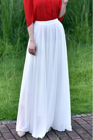 White Chiffon Long Swing Skirt - High Waist Elastic Closure 2946
