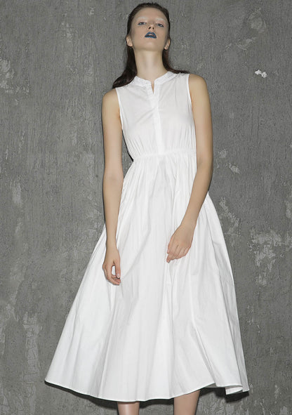 White Cotton Sleeveless Midi Dress - Elastic Waist with Front Buttons 1302
