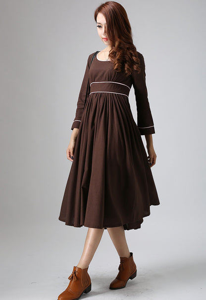 Brown Linen Maxi Dress - 3/4 Sleeve, Empire Waist 808