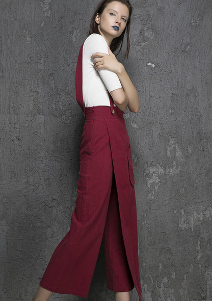 Wine Red Linen Maxi Suspender Pants - Relaxed Fit with Patch Pocket 1327