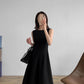 Black sleeveless mid-length dress with large train 190211#
