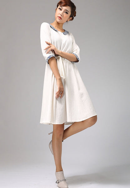 White Linen Dress - Contrast Collar & Elbow Sleeve with Tie Waist 675