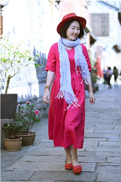 retro loose linen summer dress with mid sleeves and v necks CYM471