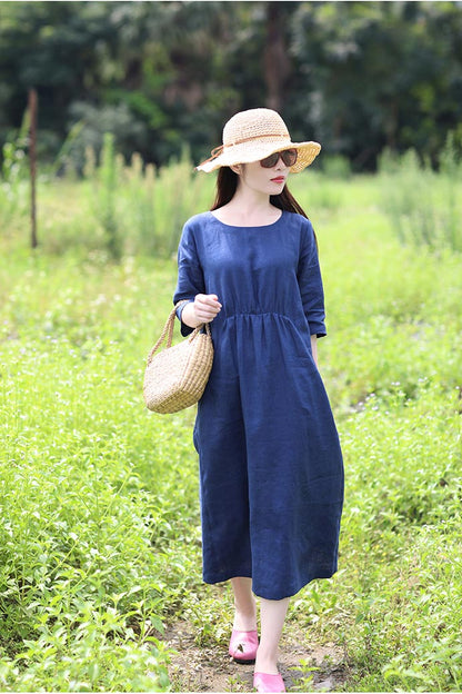Navy Linen Midi Dress - Loose Waist with Mid Sleeves CYM371