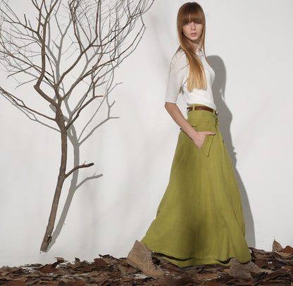 Women’s Green Linen Maxi Skirt – Vintage Pleated Long Skirt with Belt Loops | Xiaolizi 1153