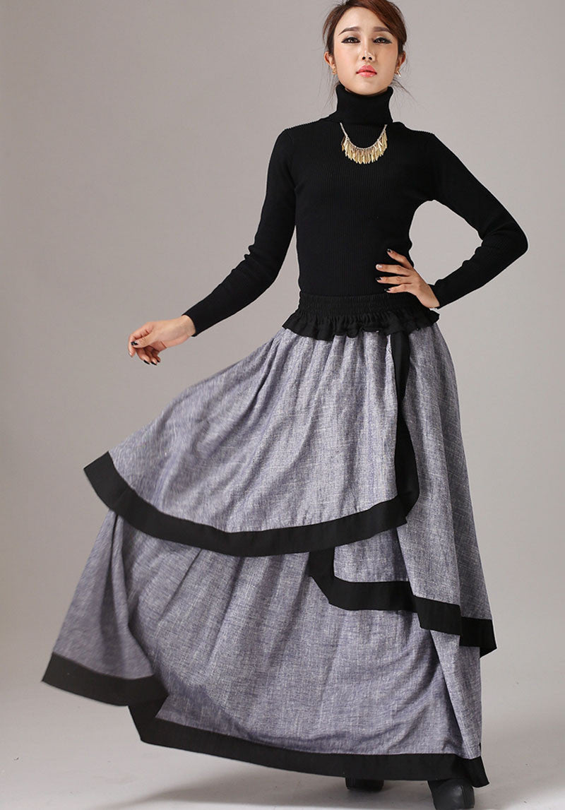 Gray long skirt linen maxi skirt layered skirt 0771#