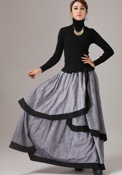 Gray Linen Blend Maxi Skirt - Layered Wrap Detail 771