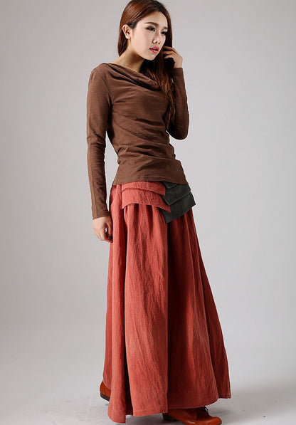 Orange Linen Maxi Skirt - Pleated, Regular Fit 856