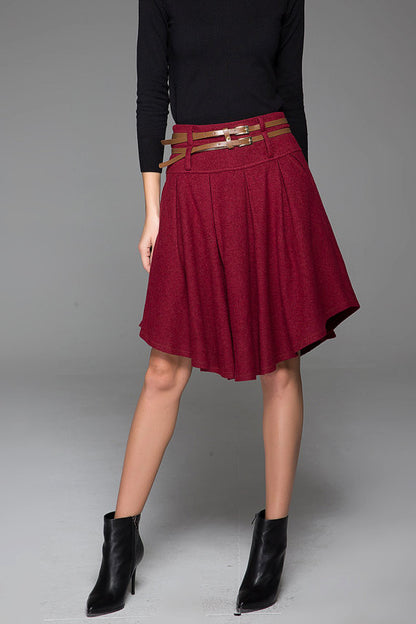 Red Wool Knee-Length Skirt - Pleated Waist & Asymmetrical Hemline 1427