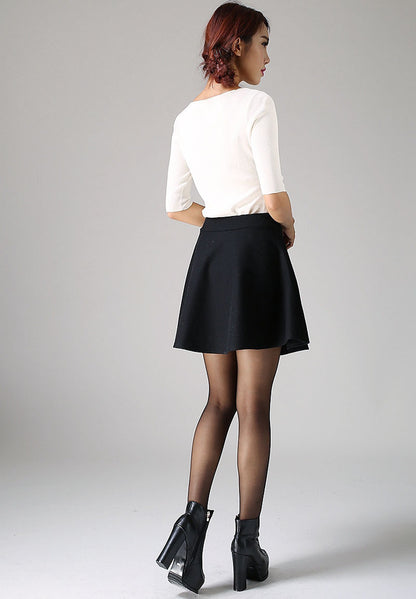 Black Wool Blend Mini Skirt - High Waisted A-Line Pleated 1101