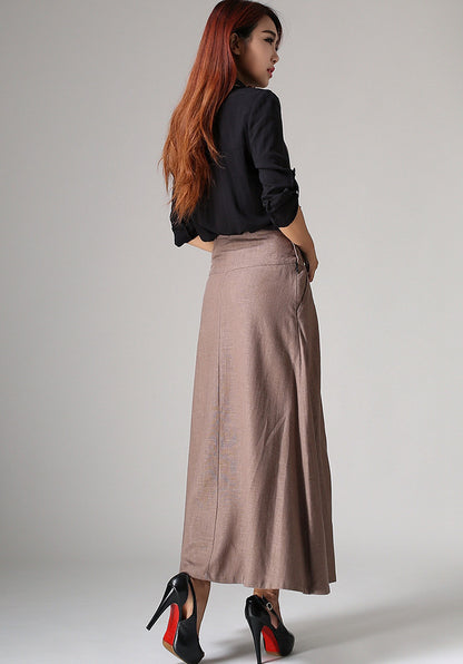 Beige Linen Maxi Skirt - Suspender Detail with Pockets 1033