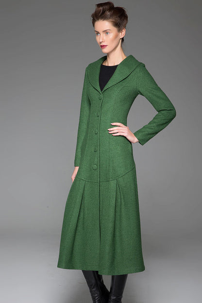 Green Wool Coat – Vintage Single-Breasted Long Winter Overcoat for Women 1413