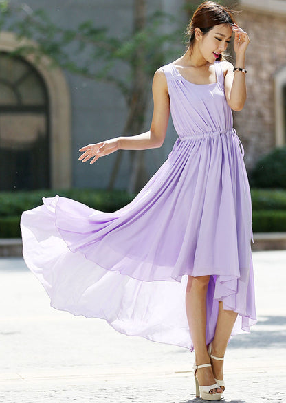 Purple Chiffon Maxi Dress - Irregular Hem with Adjustable Waist 992