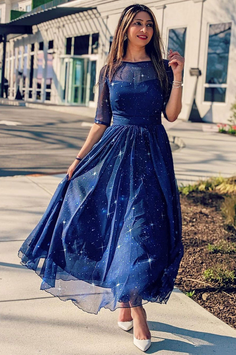 Blue Chiffon Midi Dress - Starry Sky Swing Silhouette 2353