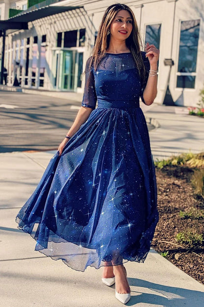 Summer Women Blue Starry Sky Swing Chiffon Midi Dress 2353#