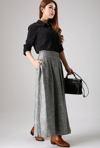 Grey Linen Cotton Maxi Skirt - Pleated A-Line Silhouette 886