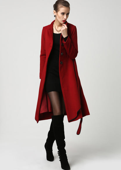 Red Wool Midi Coat – Belted Collarless Coat with Tulip Skirt Detail 1111