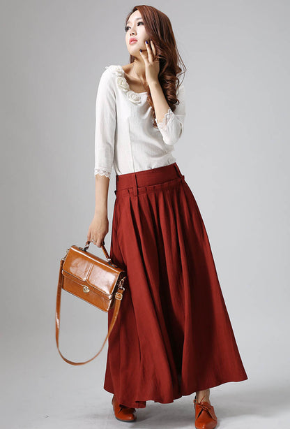 Red Linen Maxi Skirt - Pleated Waist, Ankle Length 816